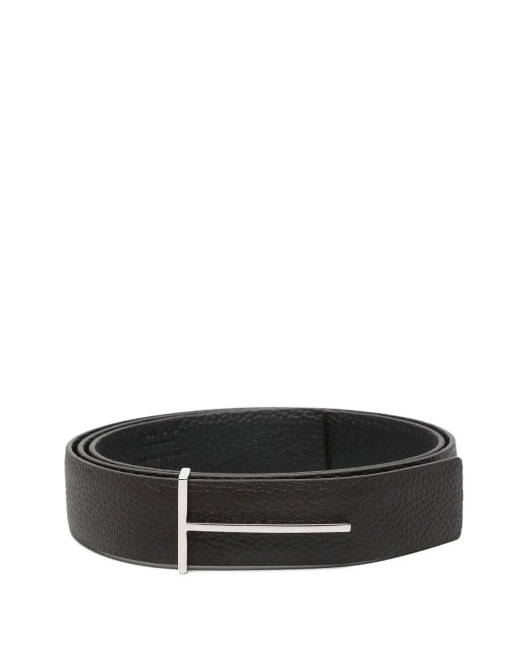Tom Ford Black Reversible And Grained Calf Leather T Belt With T-Buckle for men