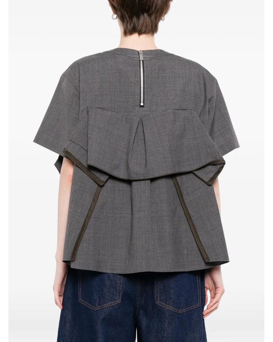 Sacai Gray Ruffled Short-Sleeve Top
