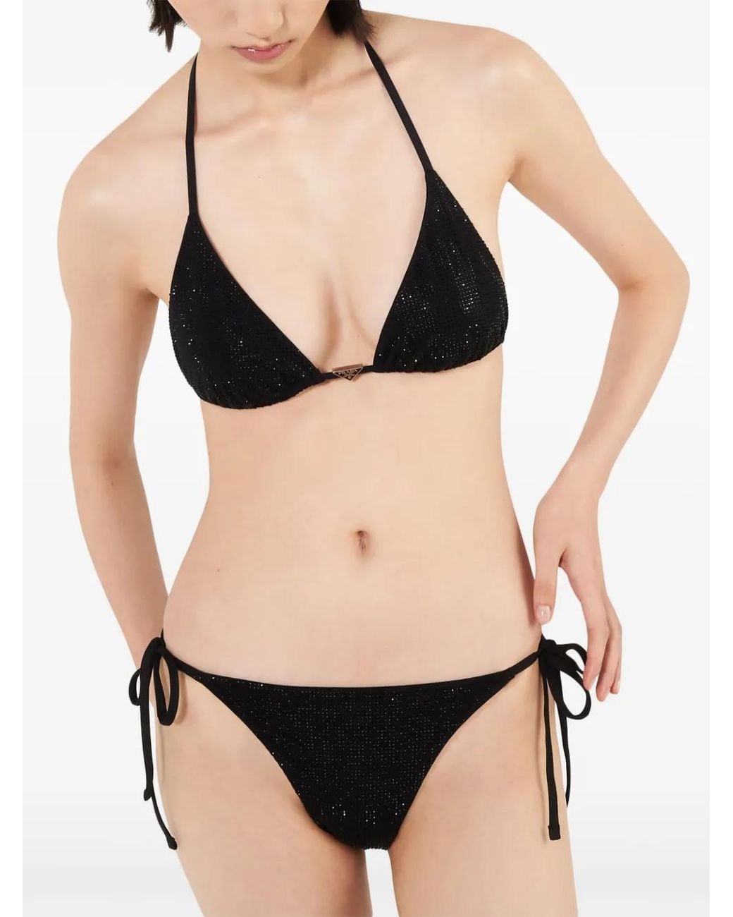 Prada Black Logo-Plaque Side-Tie Bikini Bottom