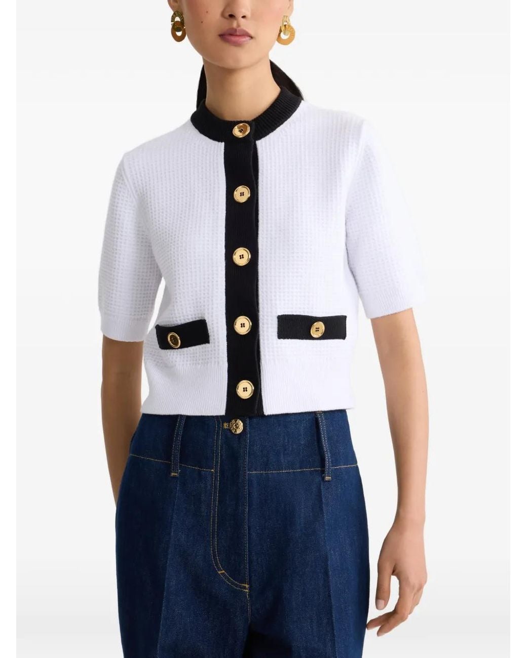 Patou White Collarless Textured Top