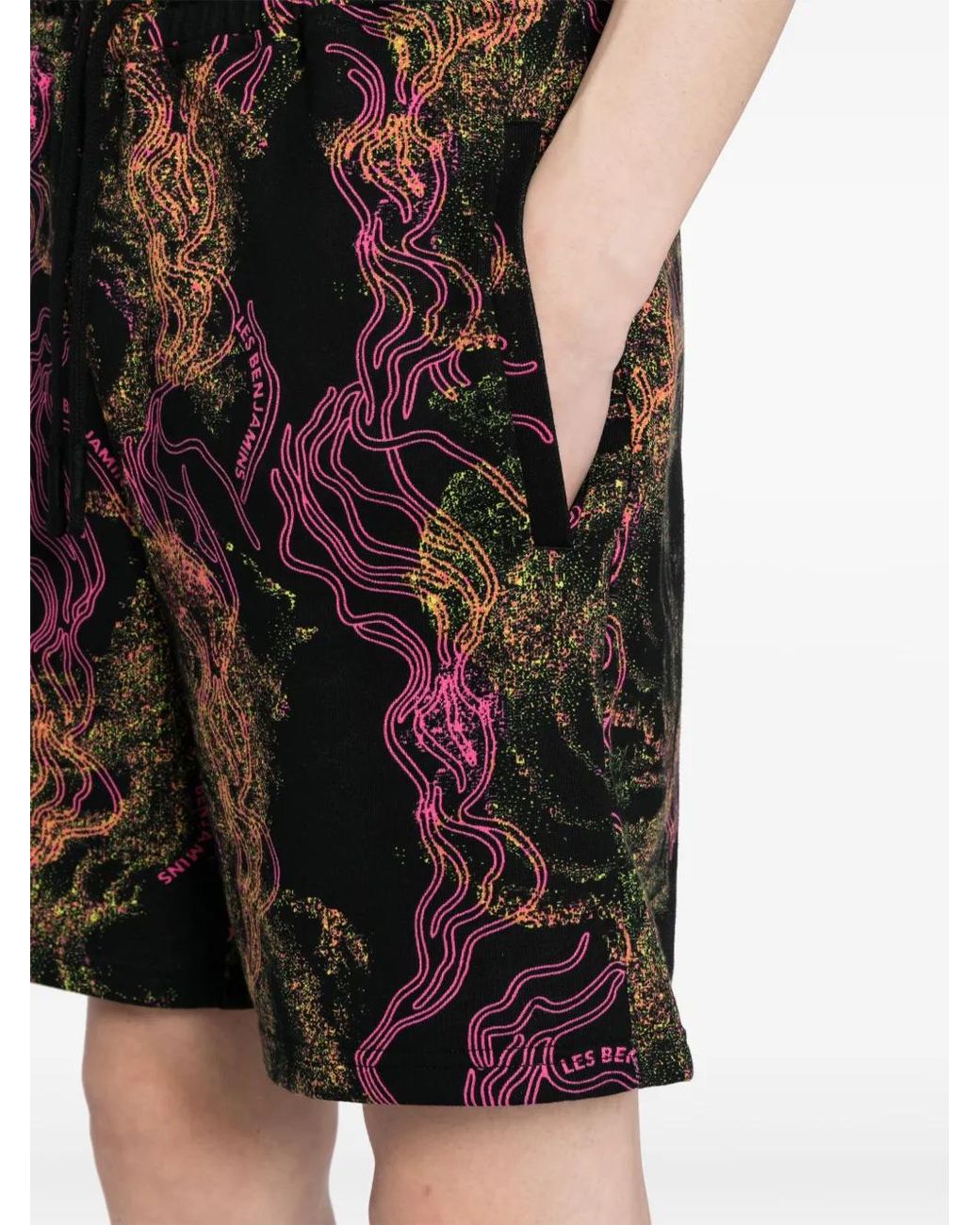 Les Benjamins Black Graphic-Print Cotton Track Shorts for men