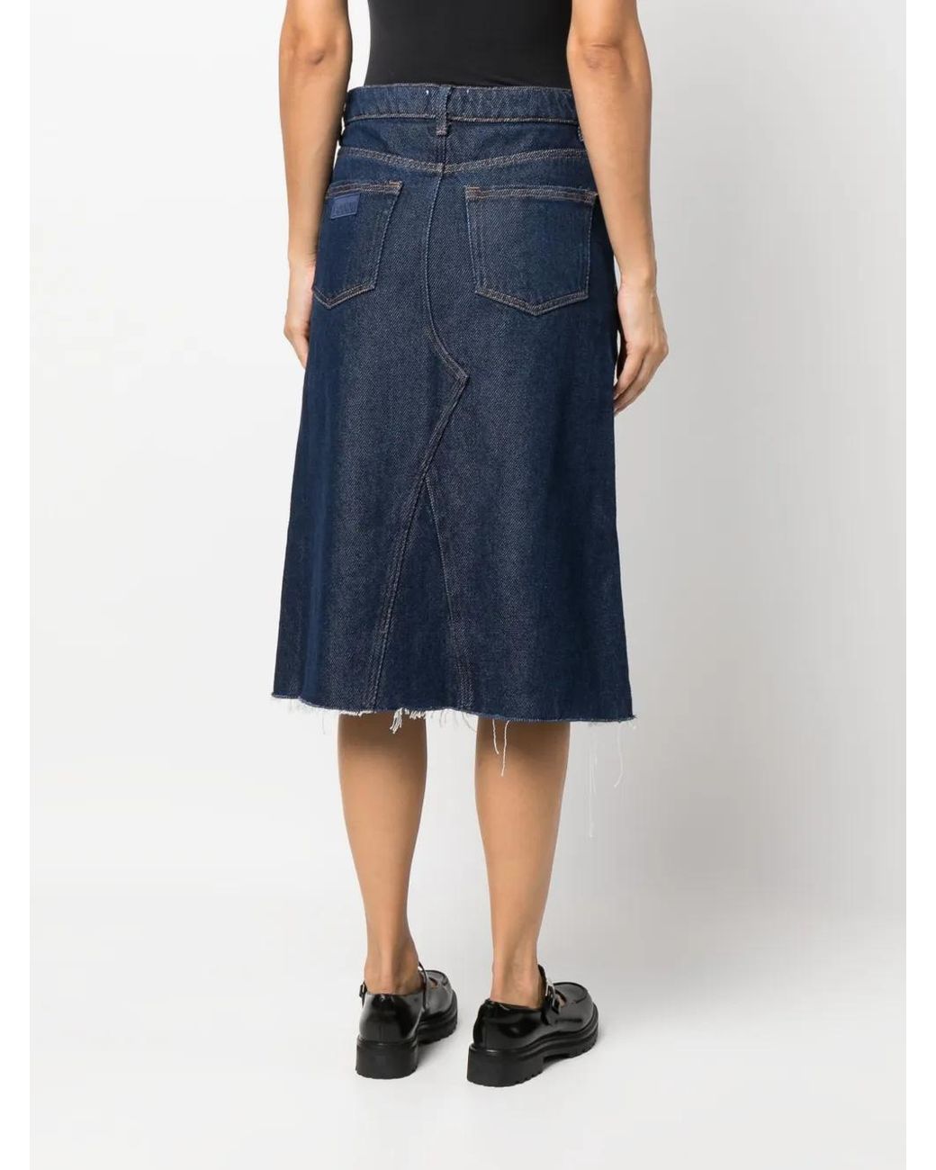 Ganni Blue Heavy Raw-Cut Hem Denim Midi Skirt