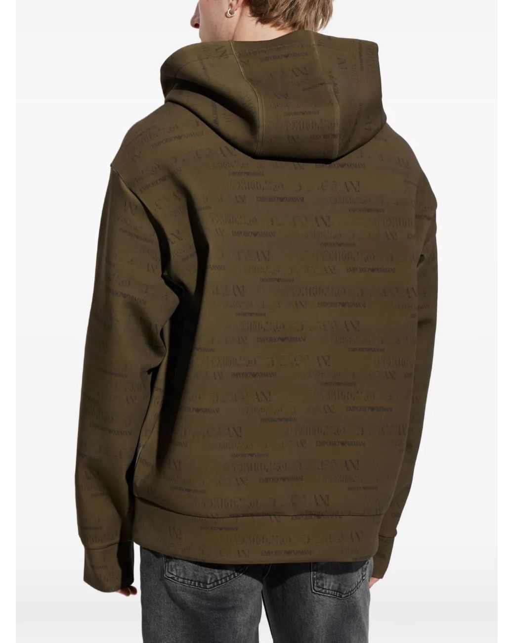 Emporio Armani Green Double Jersey Hoodie With All-Over Logo Print for men