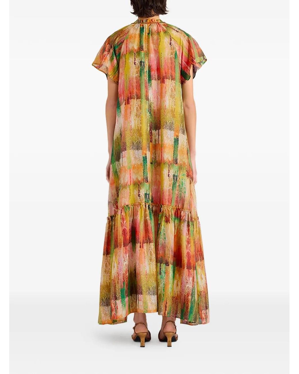 Momoní White Paloma Printed Flounced-Hem Maxi Dress