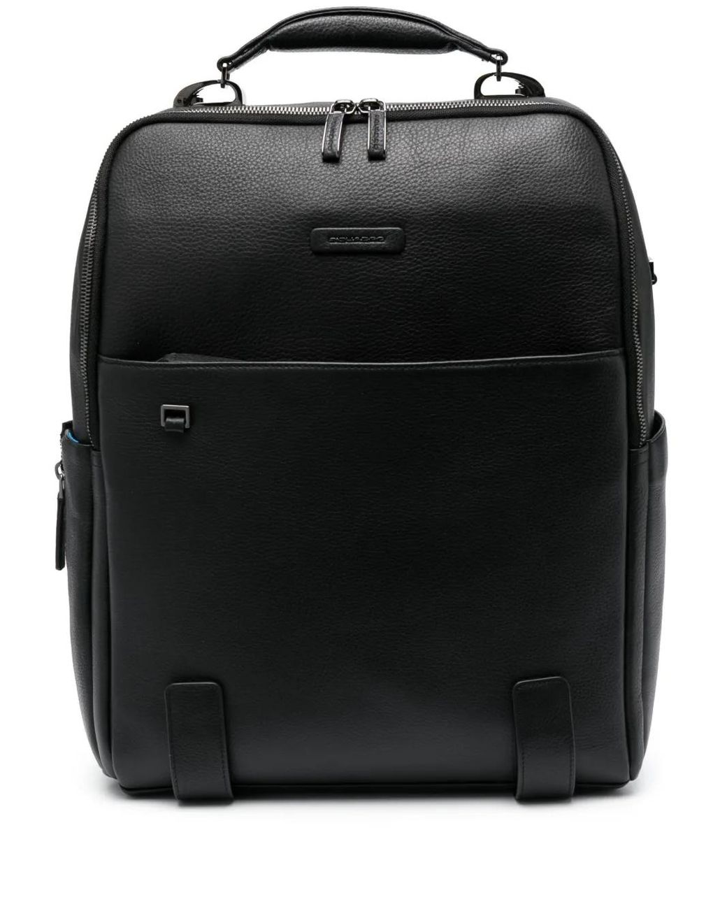 Piquadro Black Logo-Patch Leather Backpack for men