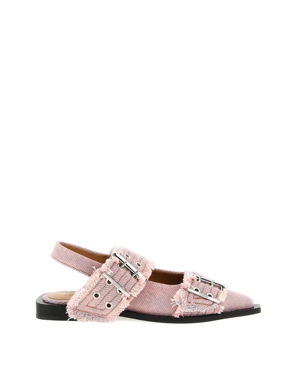 Ganni Pink Buckle Fringed Denim Flat Pumps