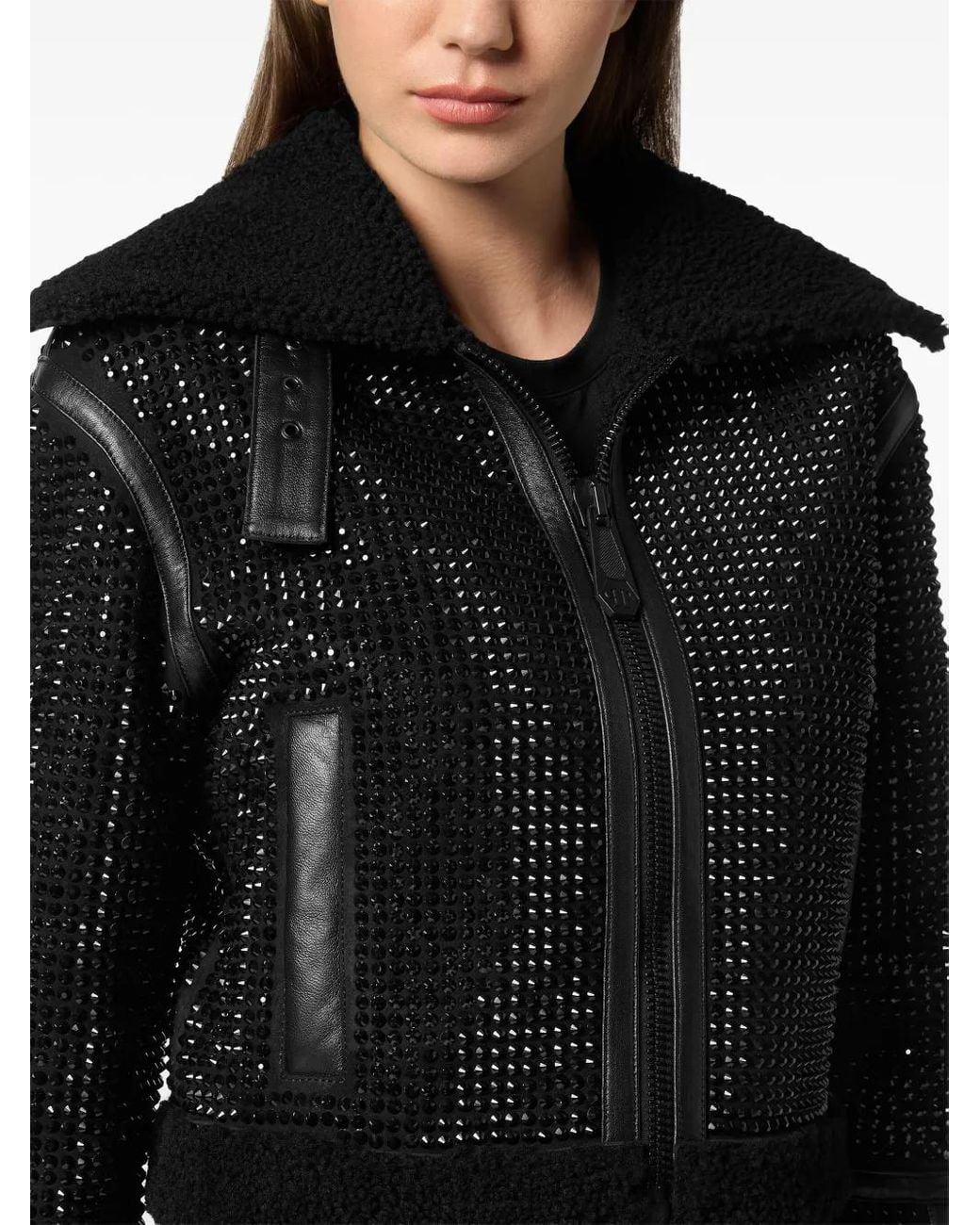 Philipp Plein Black Crystal Shearling Cropped Jacket