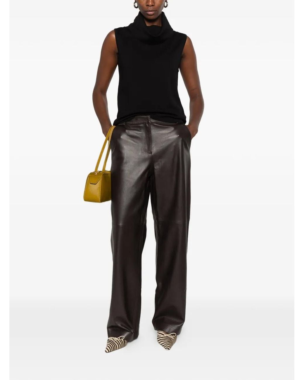 Liviana Conti Black Leather Straight-Leg Trousers