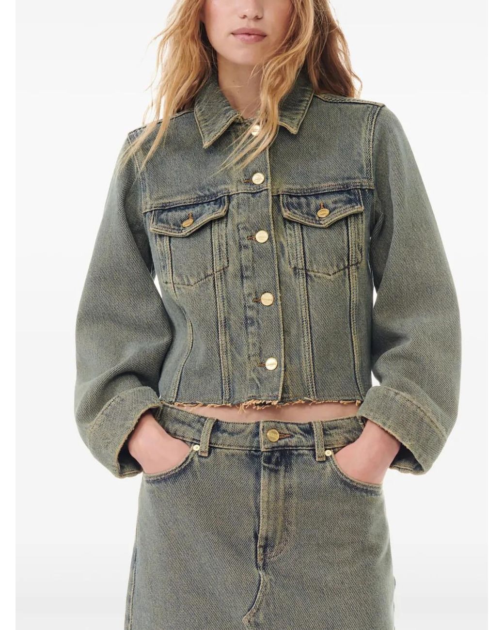 Ganni Green Raw-Cut Hem Denim Jacket