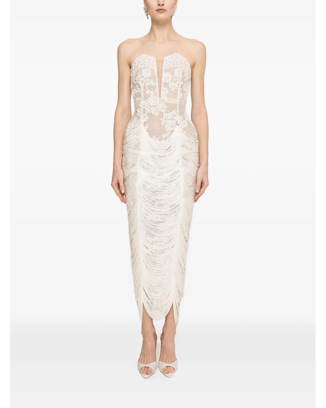 Nissa White Robe Mi-Longue En Dentelle À Franges