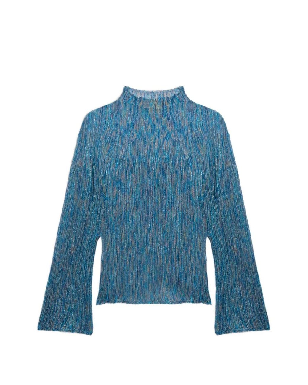 Momoní Blue Miraflores Ribbed Flared-Sleeves Top