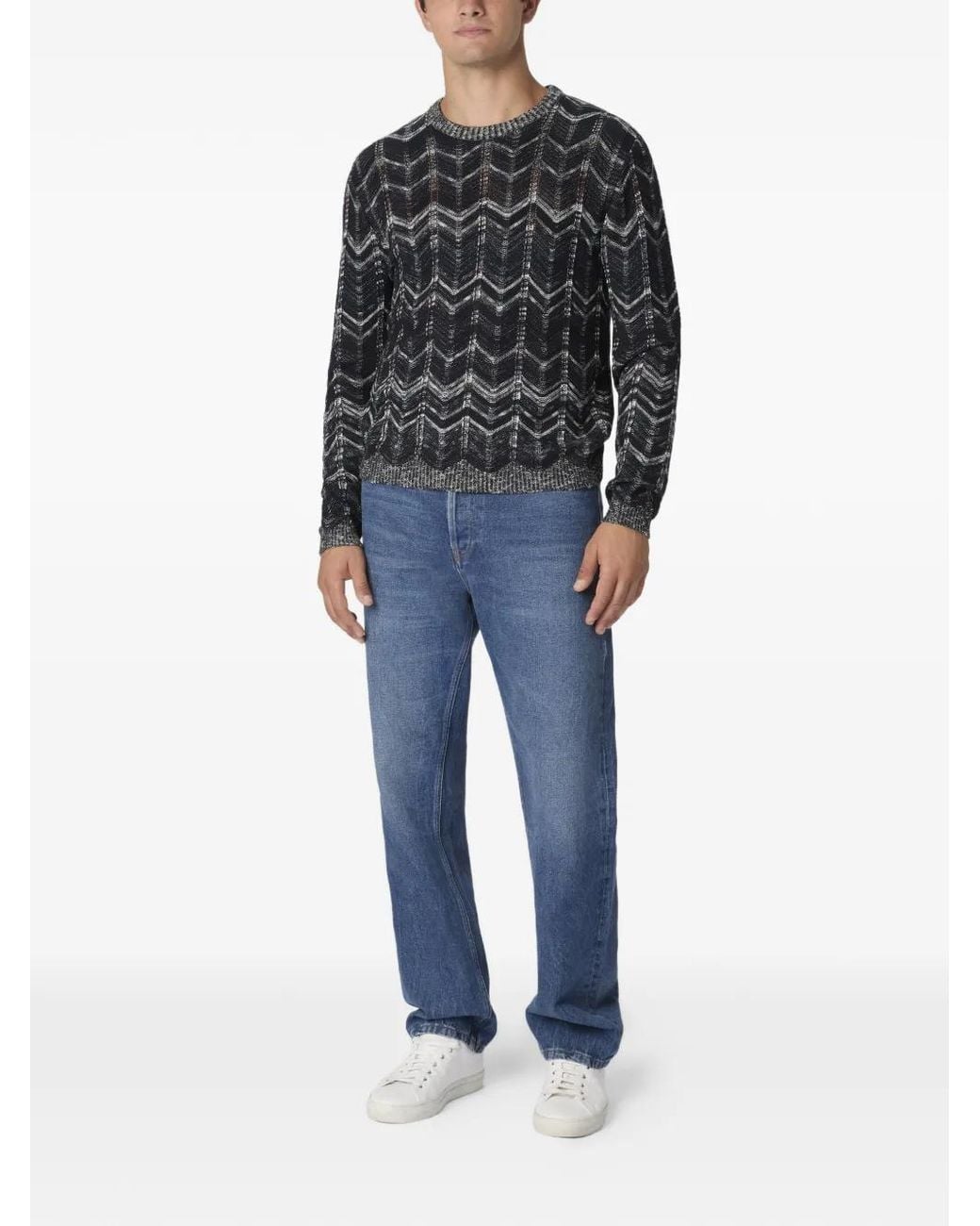 Missoni Black Crew-Neck Cotton Chevron Pullover With Ribbed Trims for men