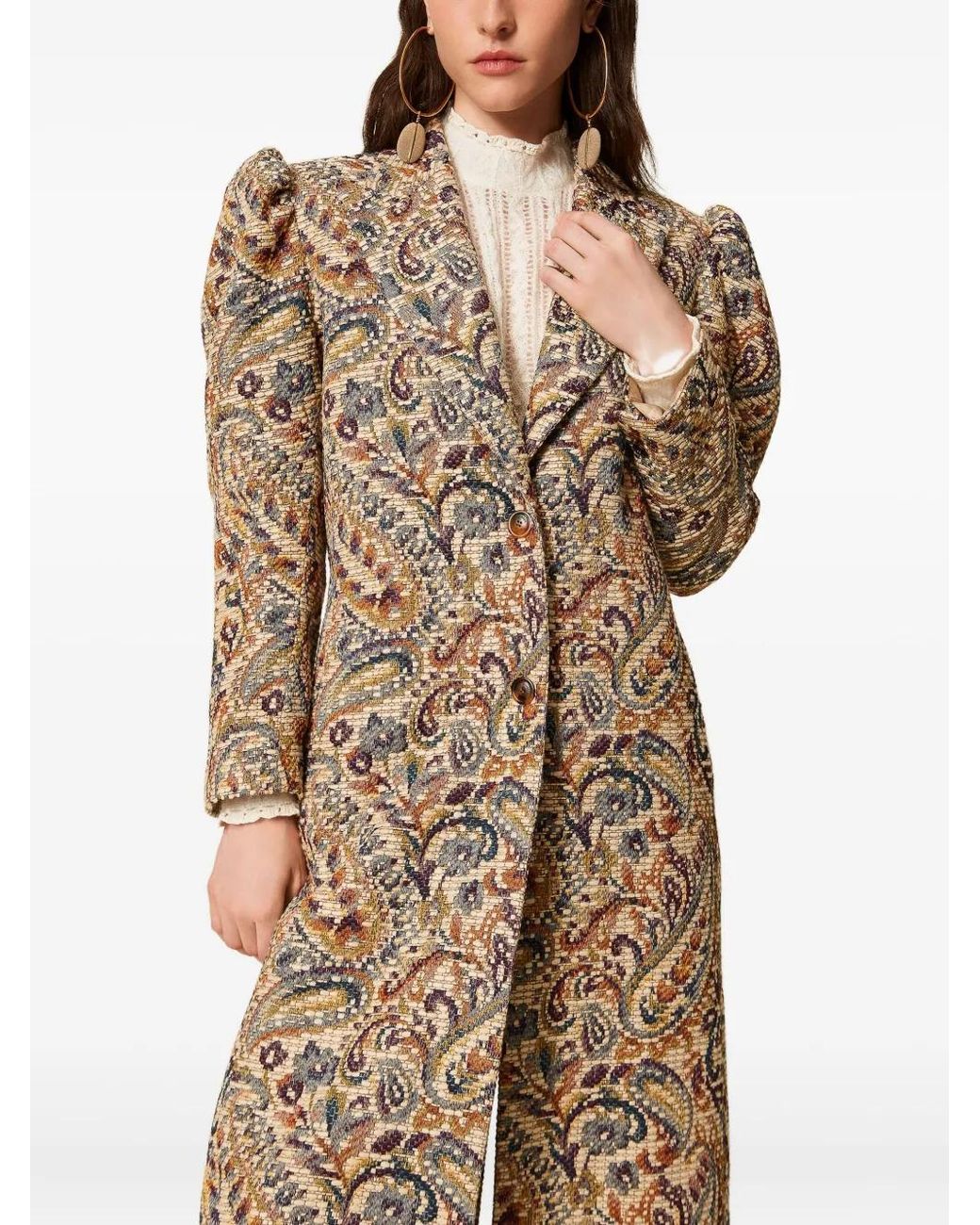Twinset Natural Puff-Sleeve Paisley Coat
