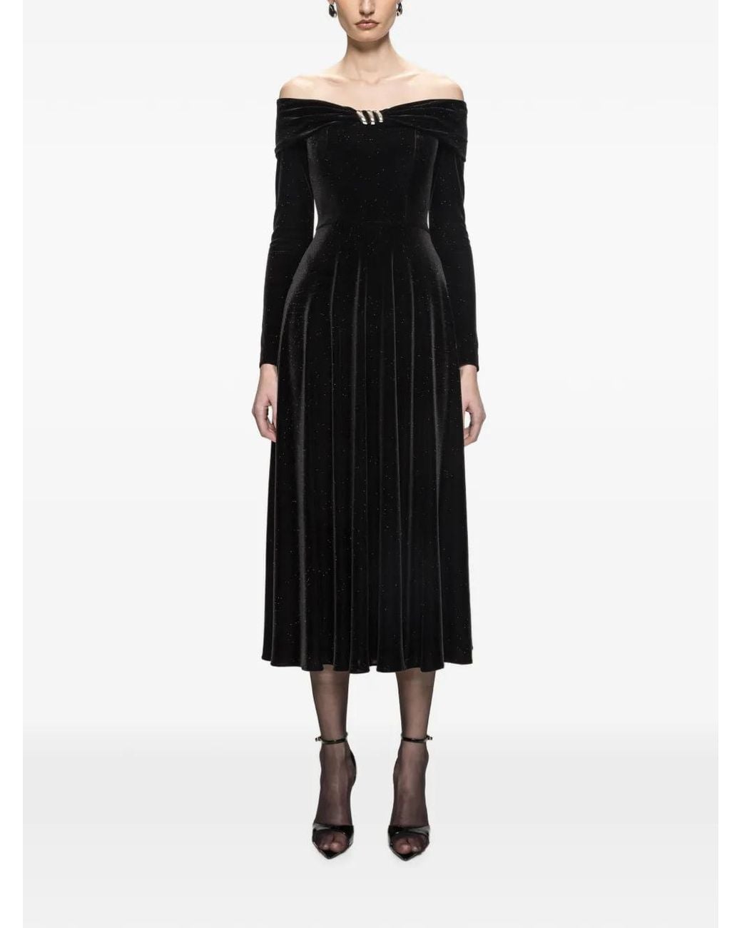 Nissa Black Robe Mi-Longue À Épaules Dénudées À Paillettes