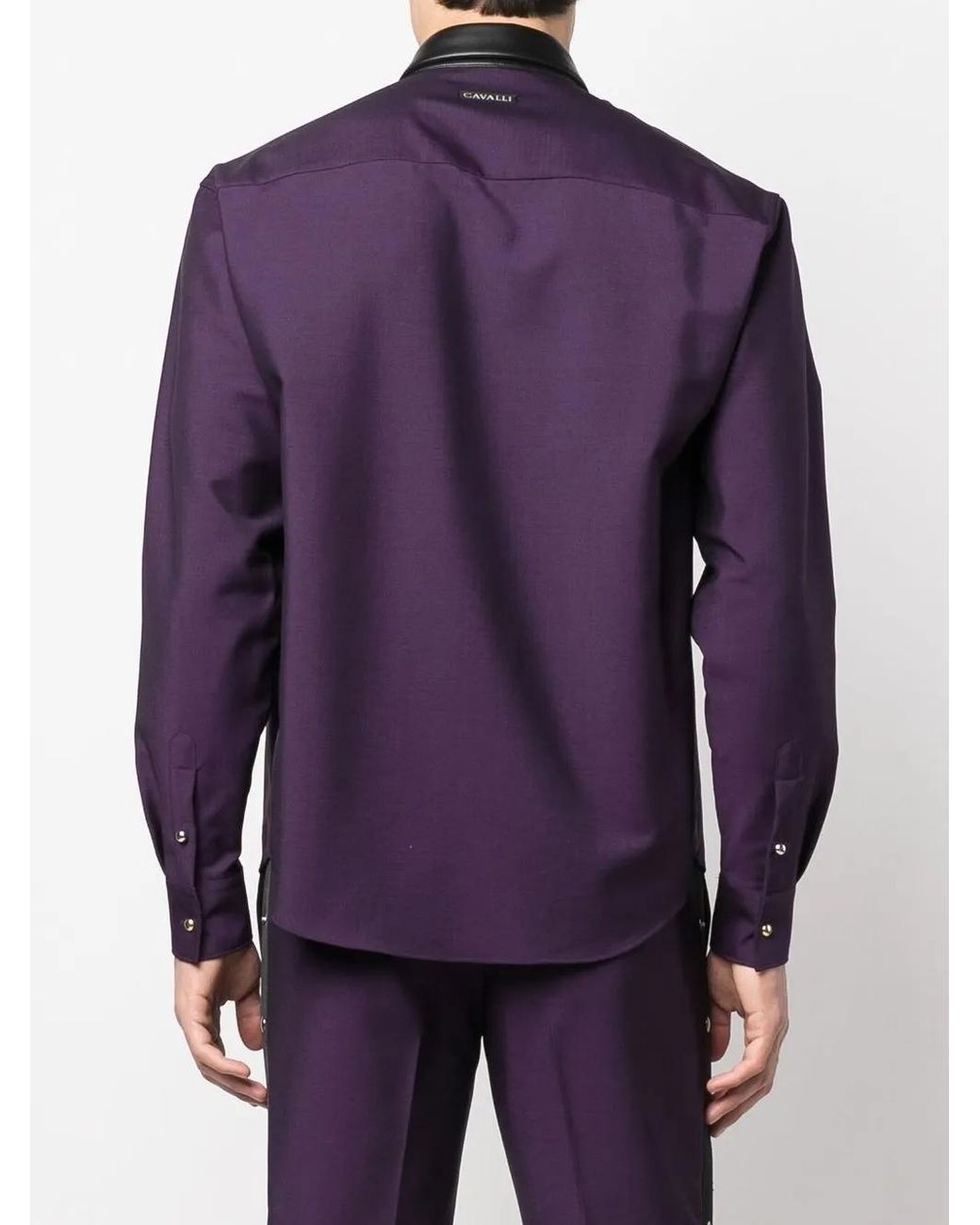 Roberto Cavalli Purple Leather Collar Front-Button Shirt for men