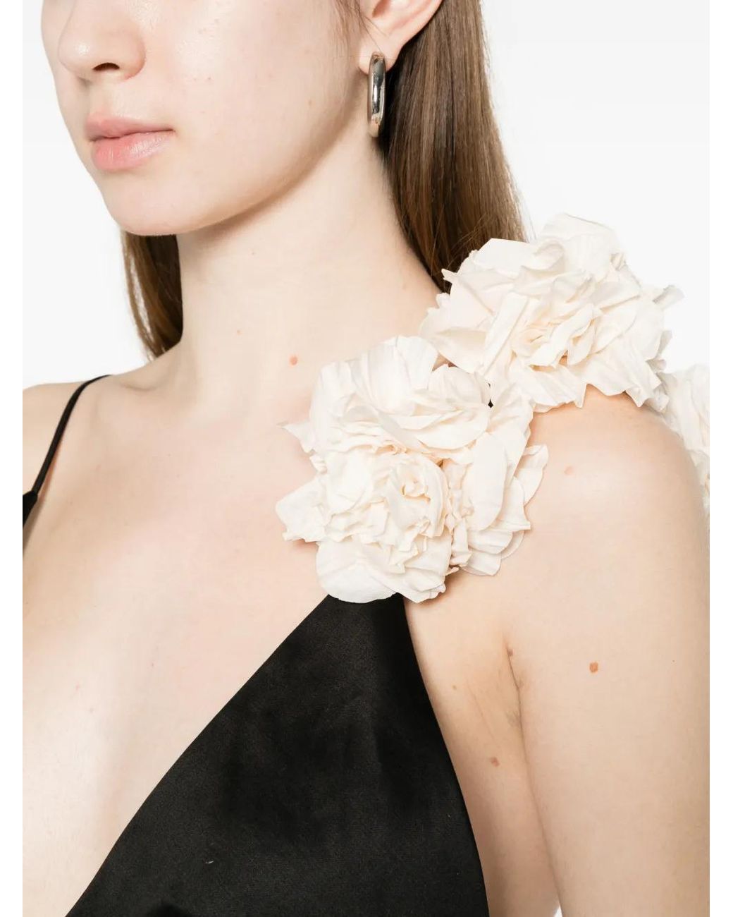 Sandro Black Flower Detail Asymmetrical Ruffled Dress