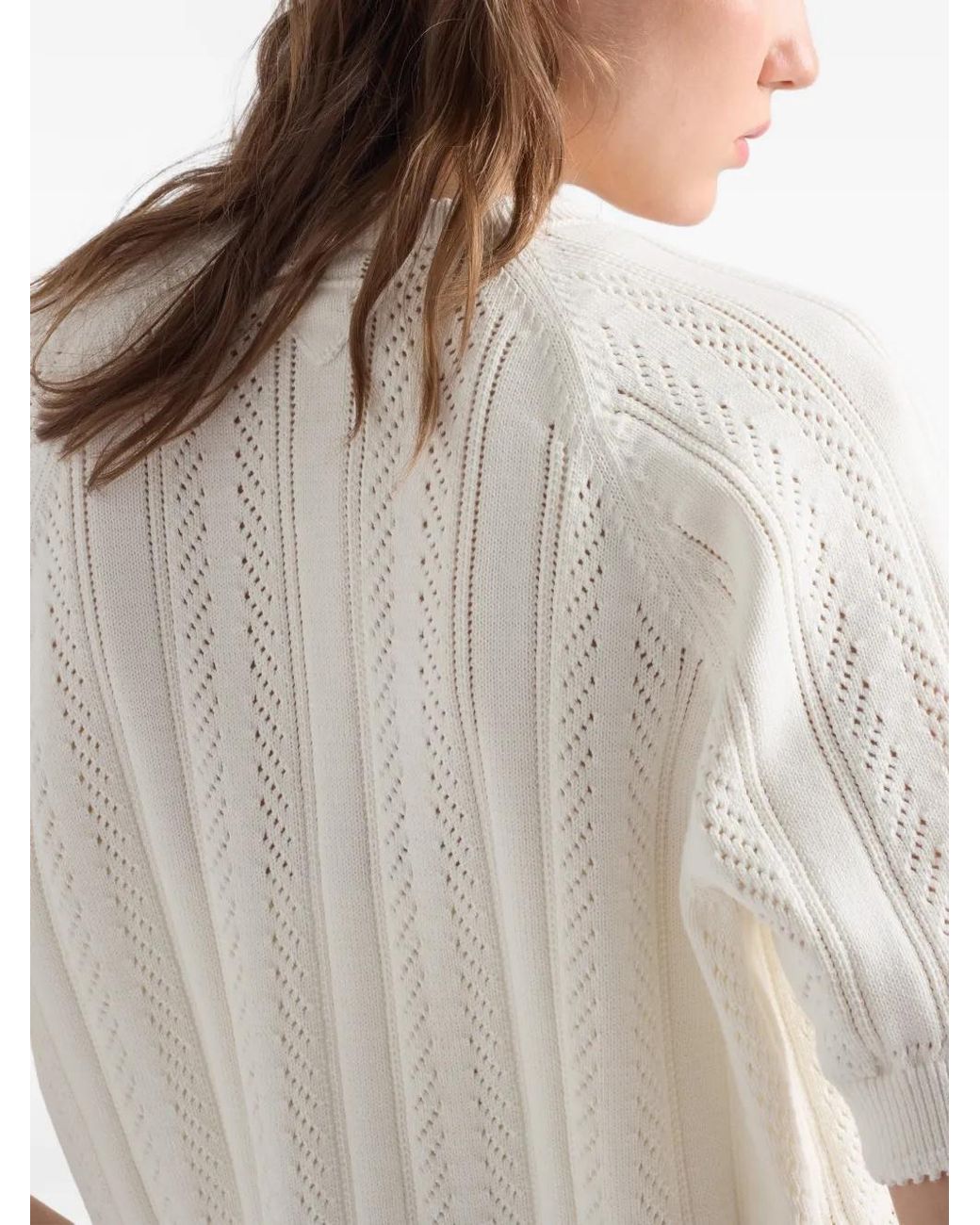 Prada White Short-Sleeved Openwork Cotton Cardigan