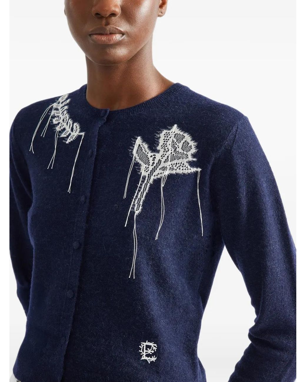 Erdem Blue Lace-Appliqué Fine-Knit Cardigan