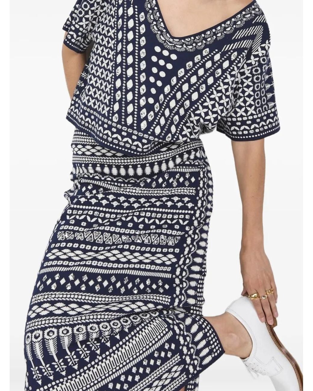 Temperley London White Tlalli Knit Patterned Midi Skirt