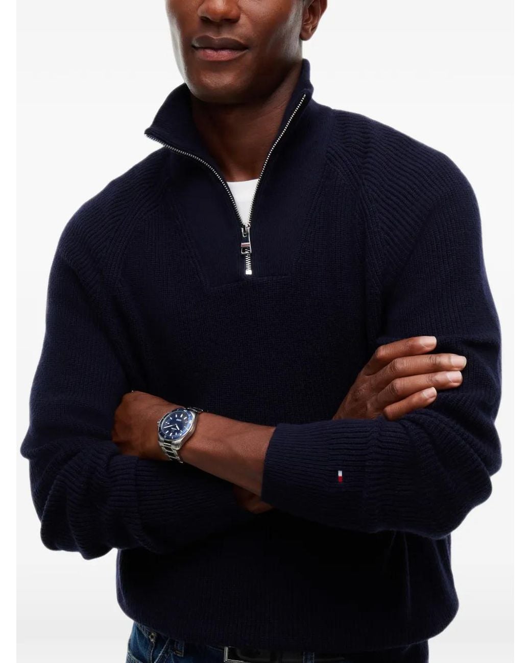 Tommy Hilfiger Blue Ribbed-Knit Quarter-Zip Sweater for men