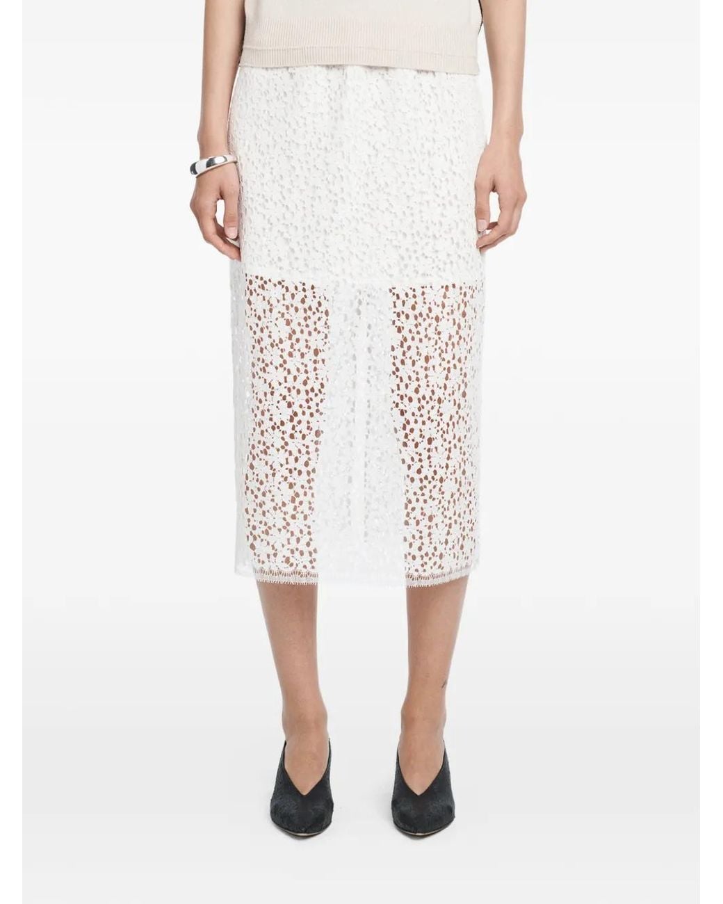 Maria McManus White Lace Ruched Midi Skirt