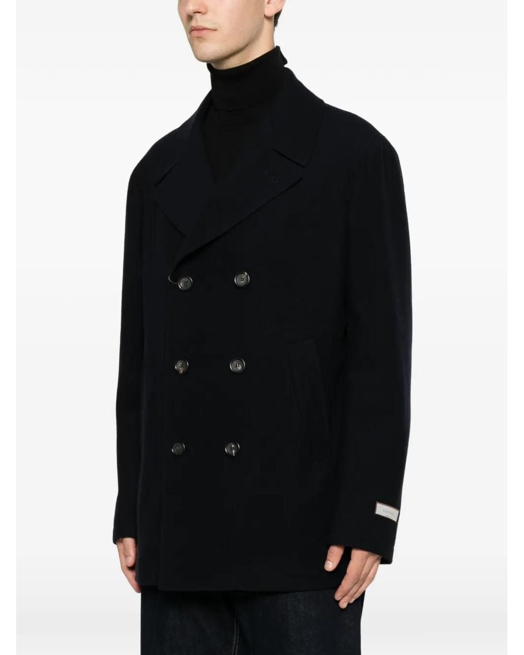 Canali Black Logo-Patch Double-Breasted Peacoat for men