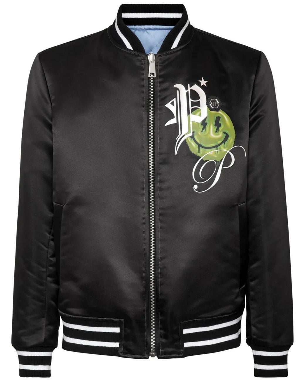 Philipp Plein Black Logo-Print Satin-Finish Reversible Bomber Jacket for men