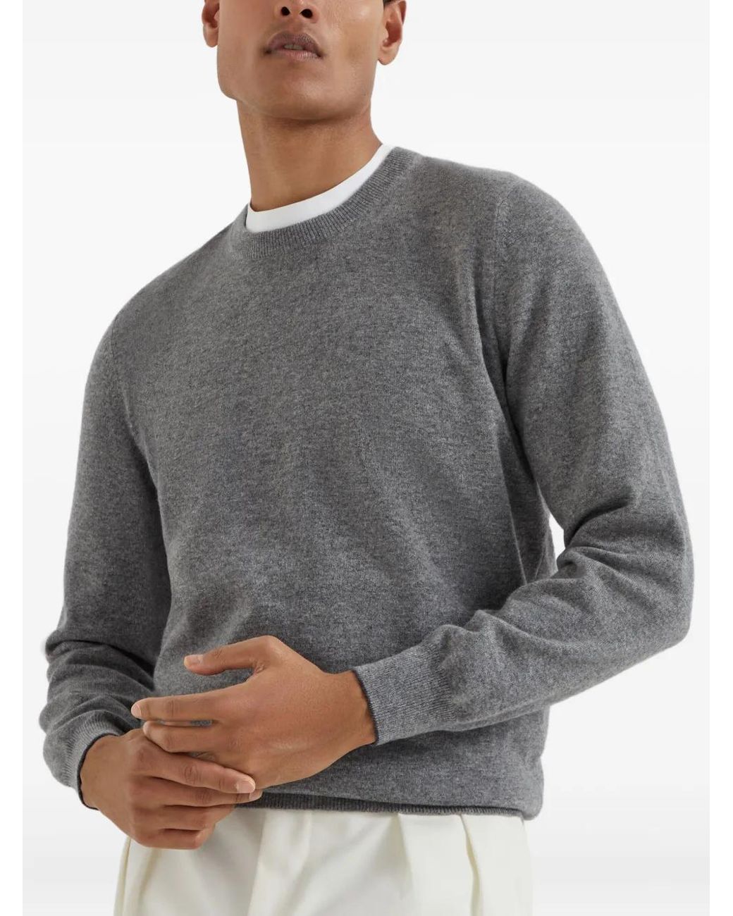 Brunello Cucinelli Gray Luxurious Crew Neck Long Sleeve Knitwear For for men