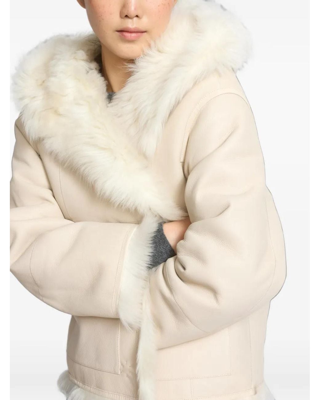 Yves Salomon White Reversible Hooded Shearling Jacket