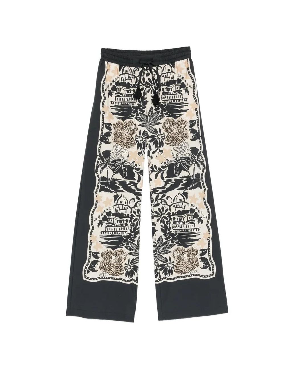 ERMANNO FIRENZE White Graphic-Print Drawstring Palazzo Trousers