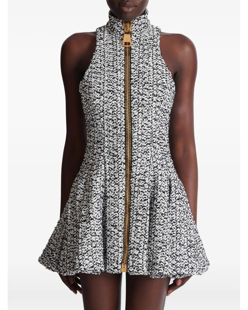 Balmain Gray Zip-Front Flared Mini Dress