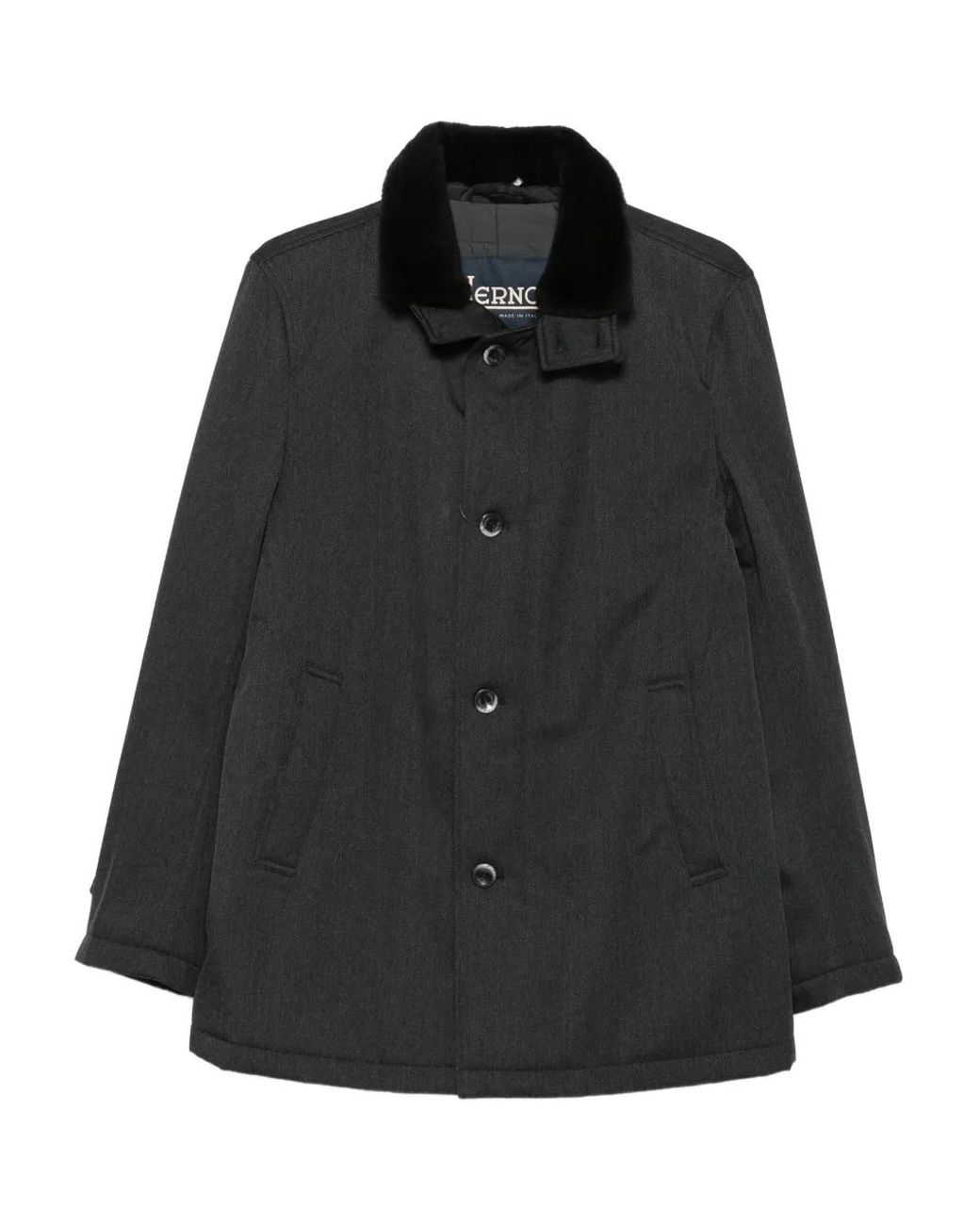 Herno Black Velvet-Collared Button Coat for men