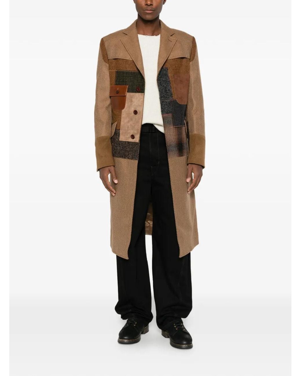 Junya Watanabe Brown Patchwork Herringbone Coat for men