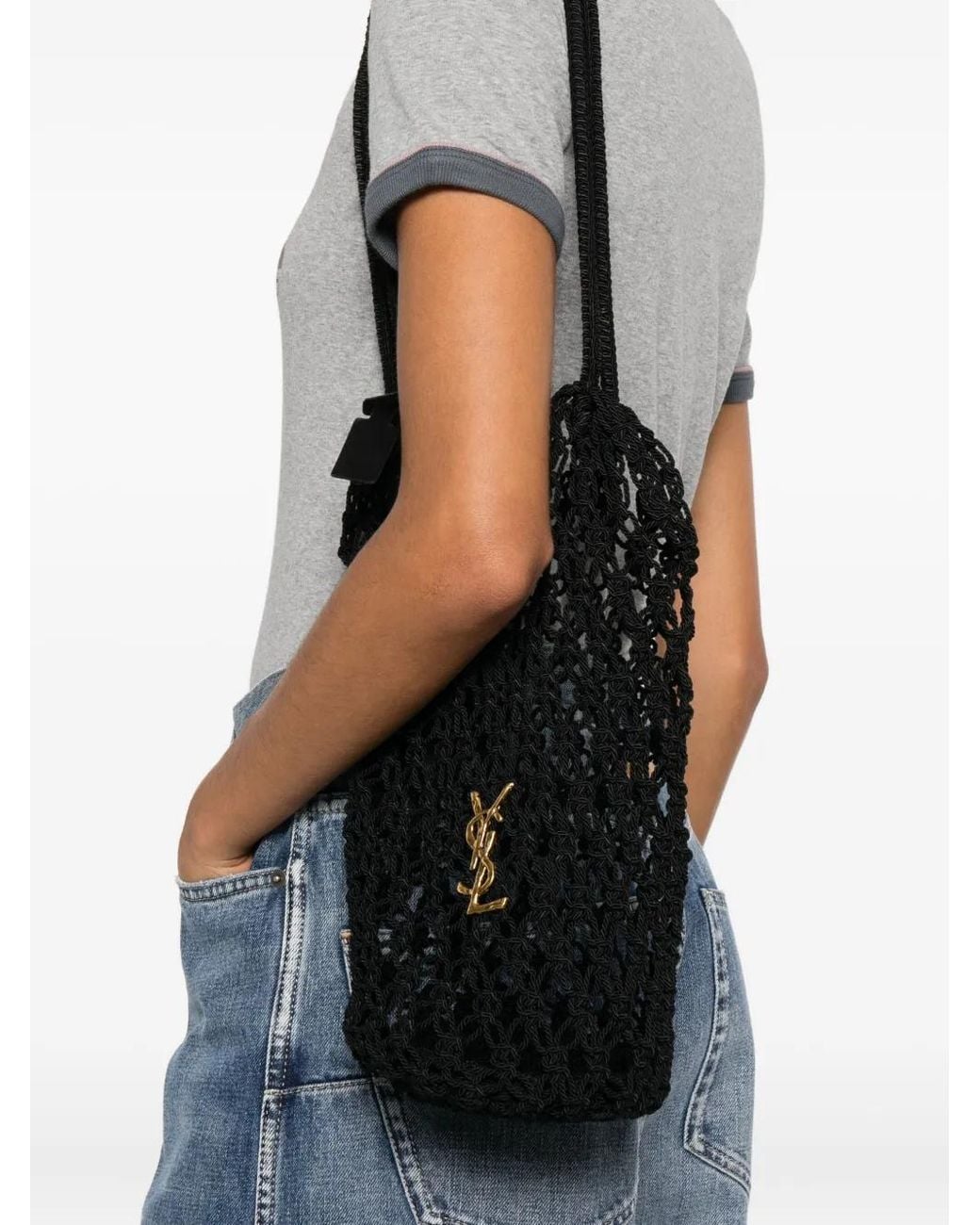 Saint Laurent Black Crochet Large Bucket Bag