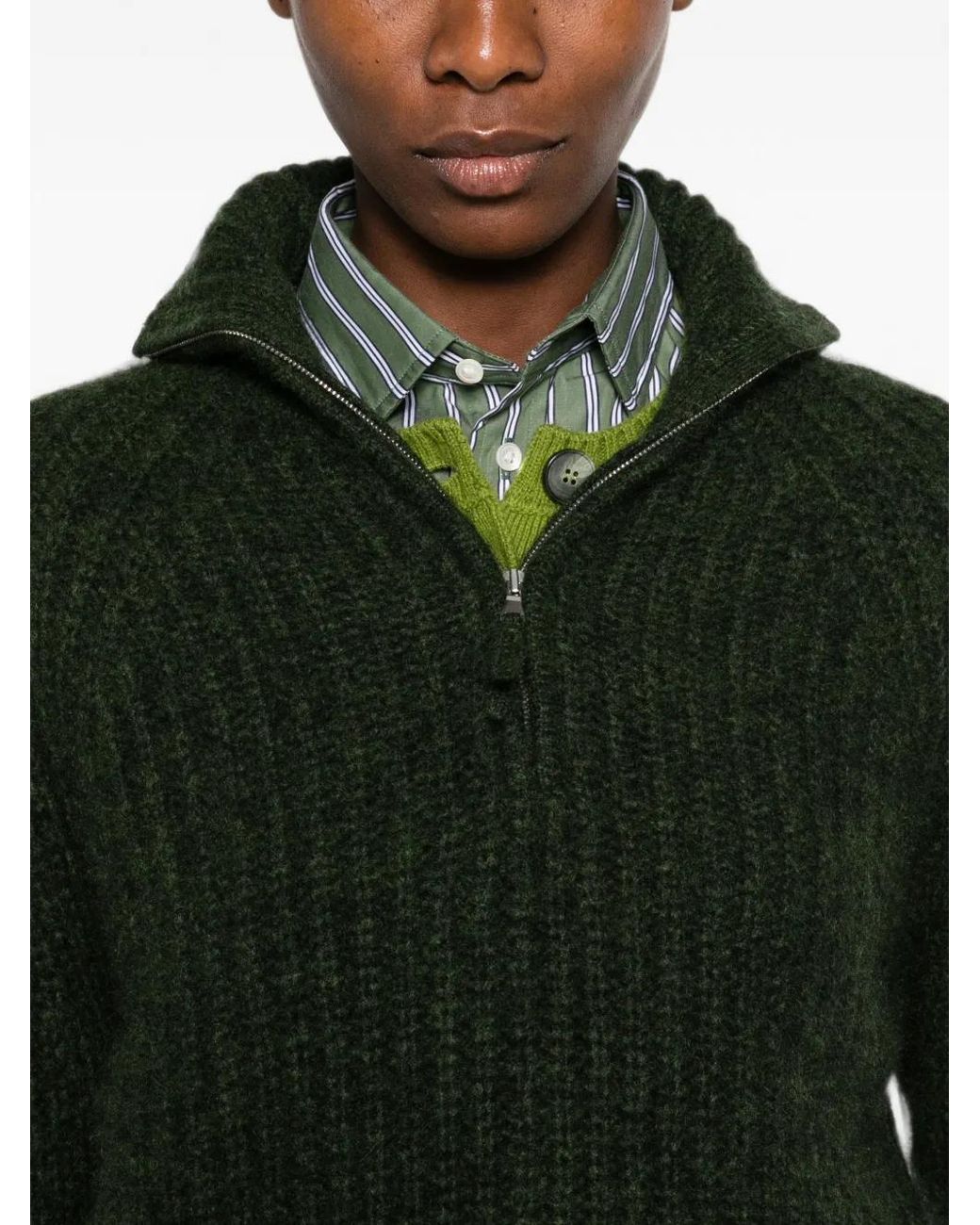 Allude Green Troyer Ribbed-Knit Quarter-Zip Sweater