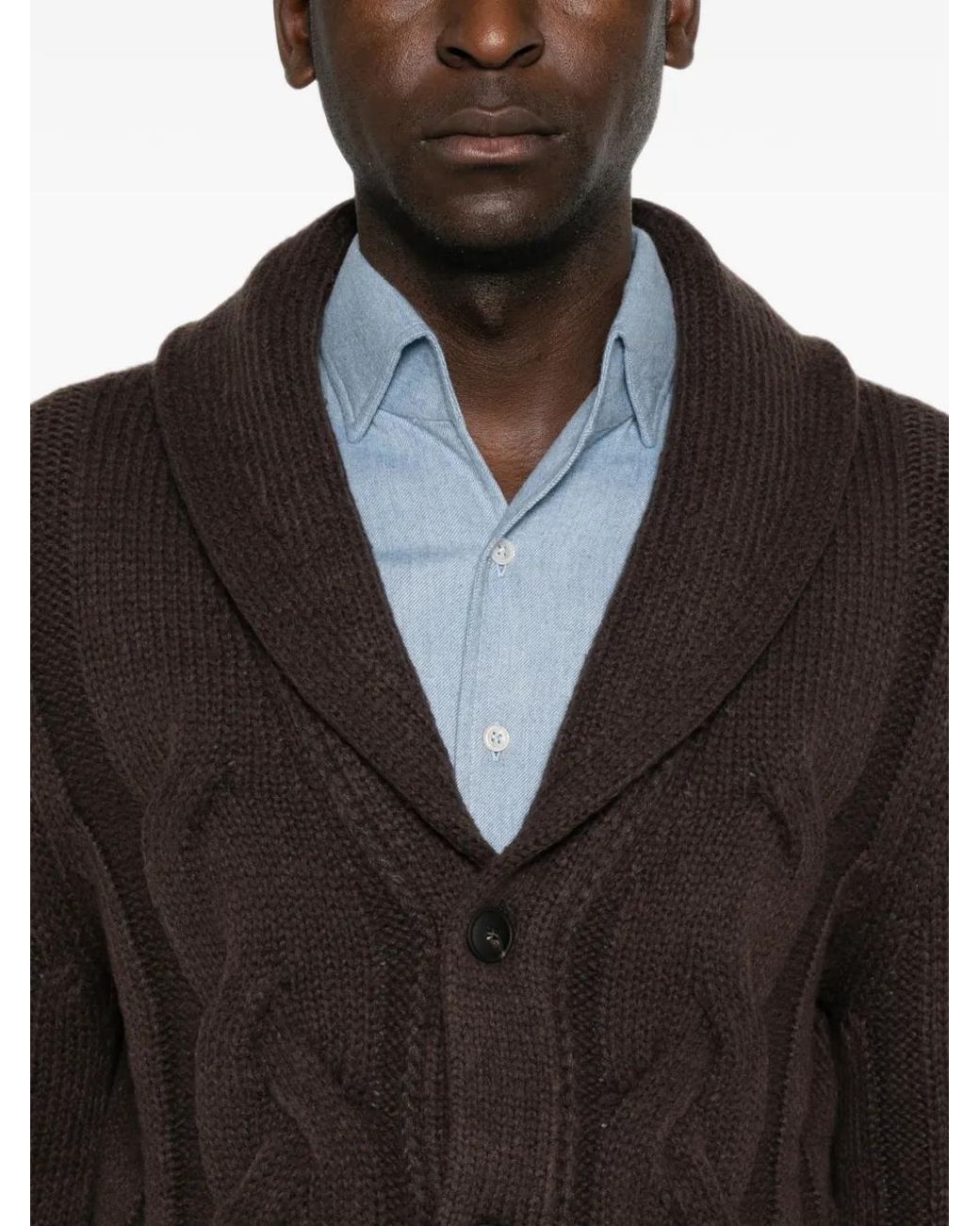 Gran Sasso Brown Cable-Knit Shawl-Collar Cardigan for men