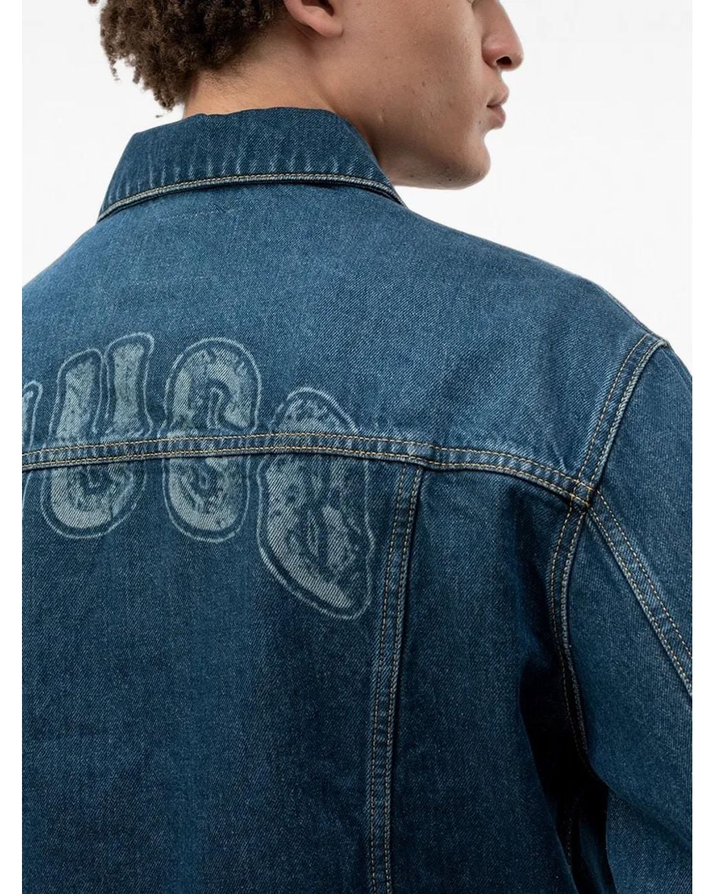 HUGO Blue Logo-Print Denim Jacket for men