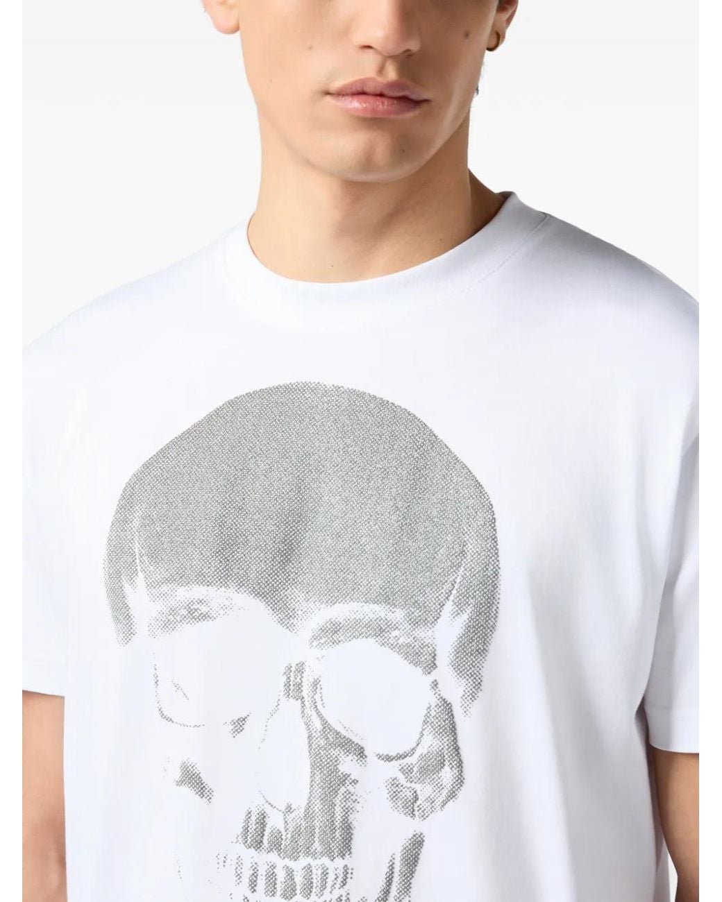 Philipp Plein White Round Neck T-Shirt Glitter Skull for men