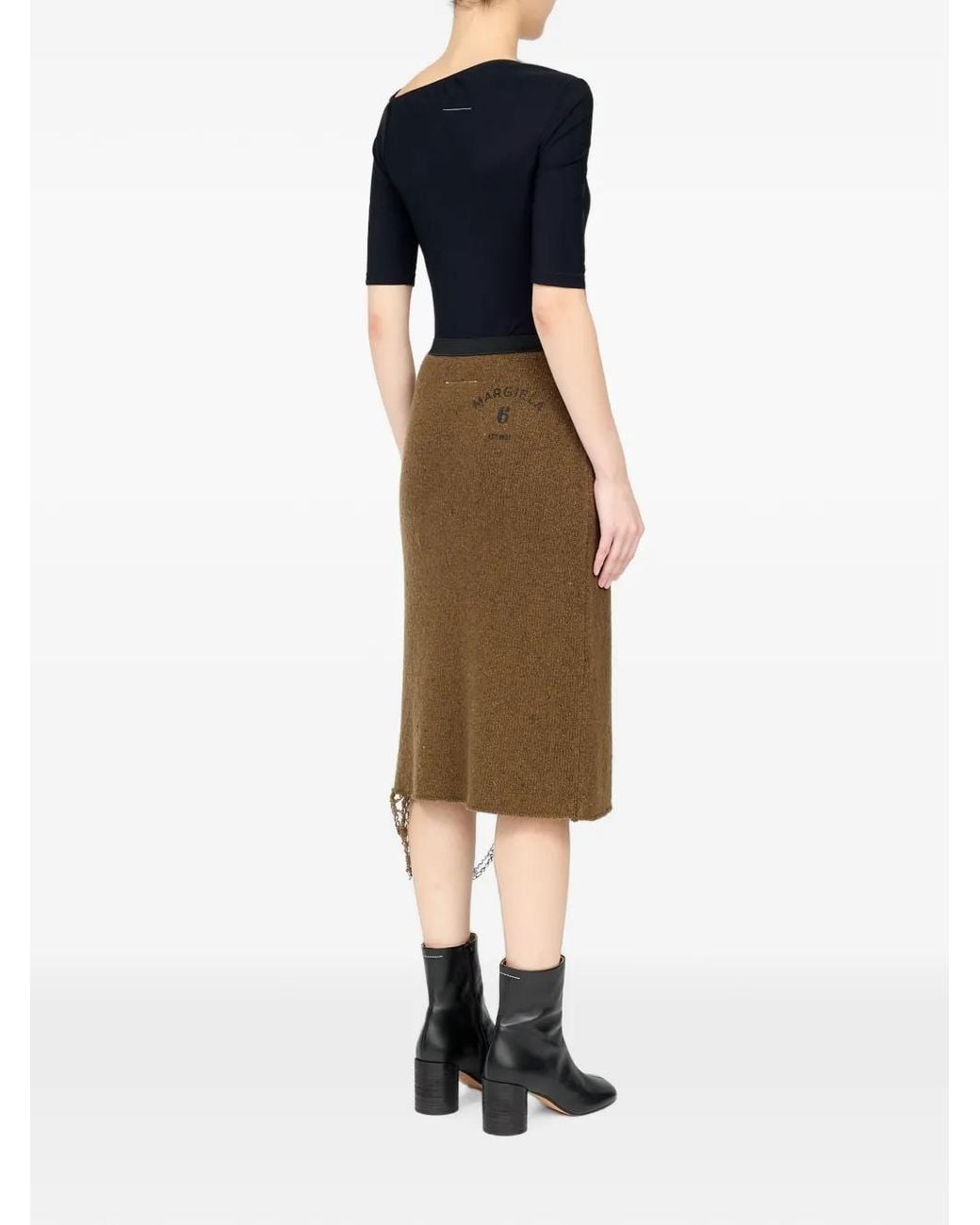 MM6 by Maison Margiela Natural Logo-Print Distressed-Hem Skirt