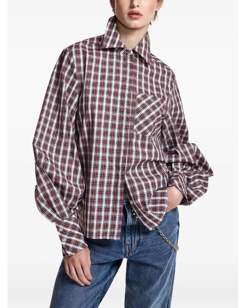 Essentiel Antwerp Red Kalmia Rhinestone-Embellished Checked Shirt