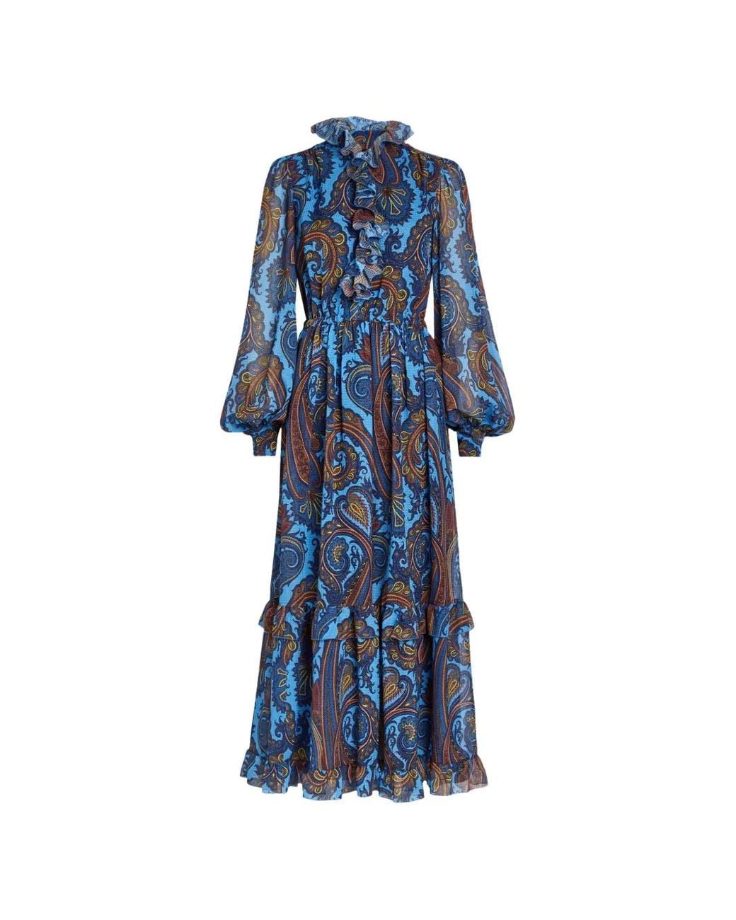 Etro Blue Ruffled Paisley-Print Maxi Dress