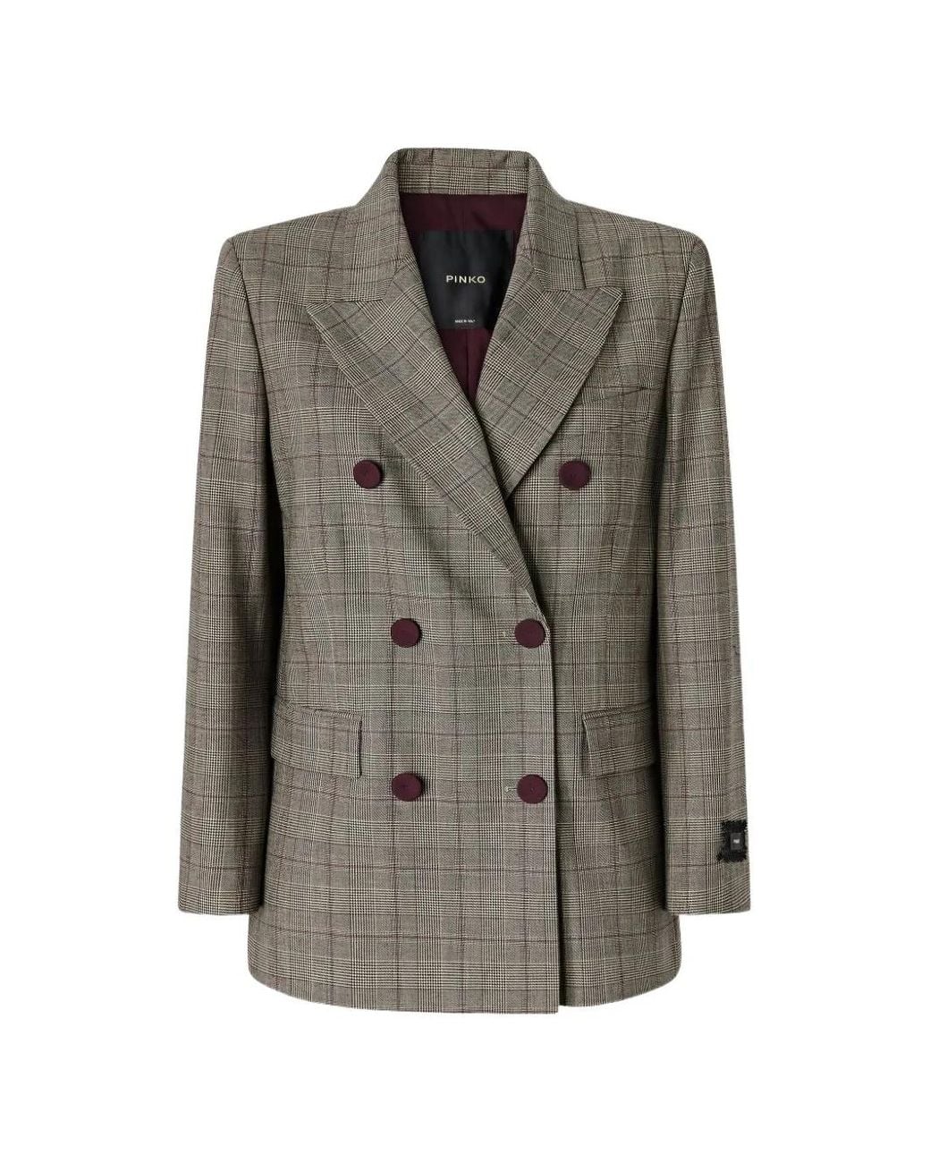 Pinko Gray Double-Breasted Check Jacket