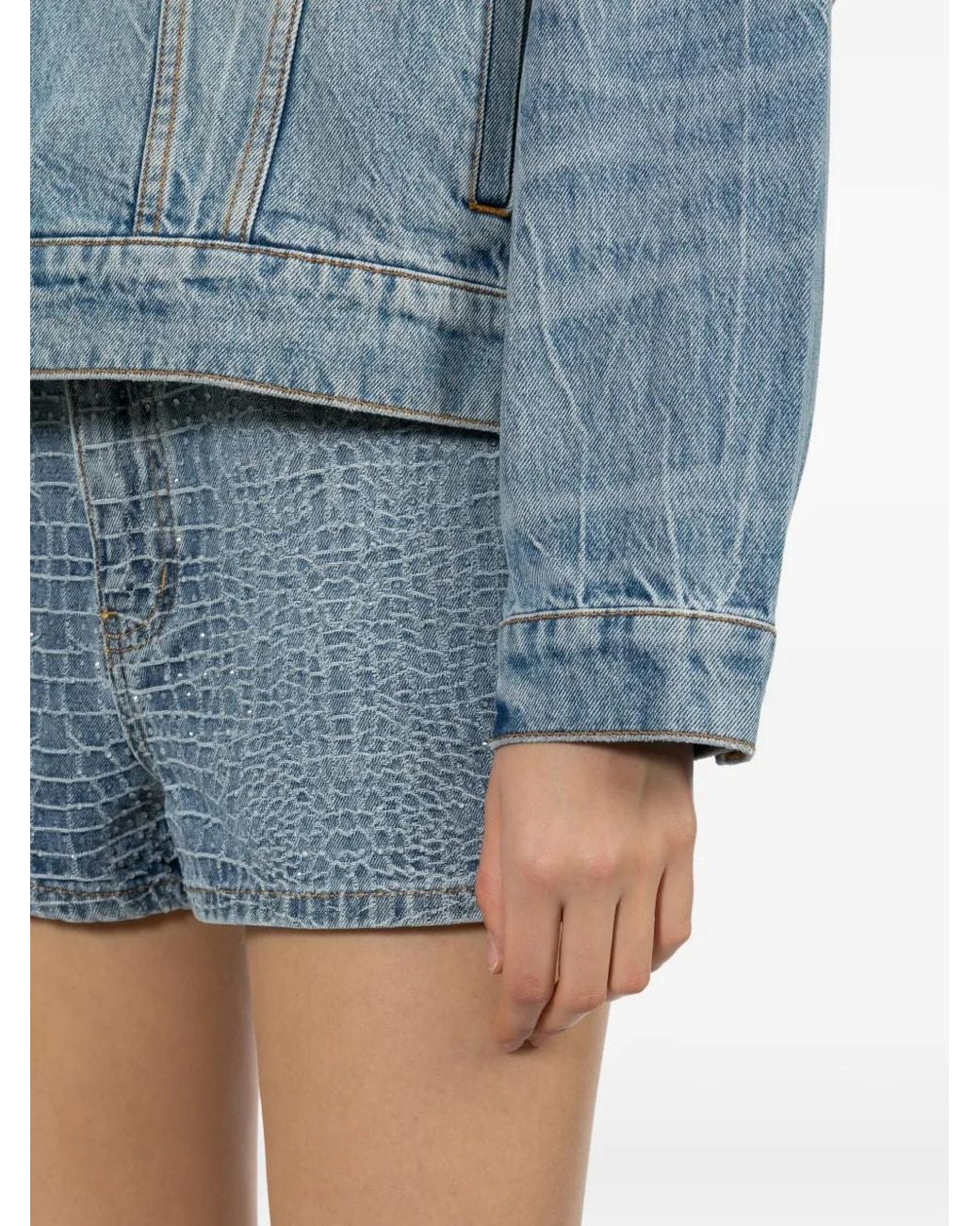 Self-Portrait Blue Rhinestone Croc Effect Denim Shorts