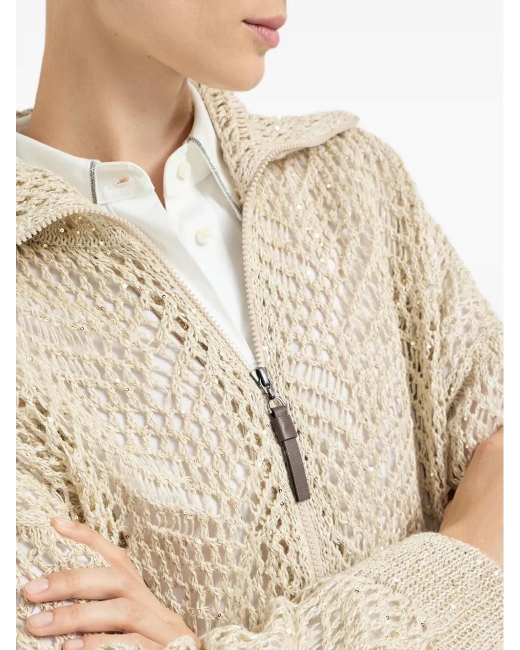 Brunello Cucinelli Natural Dazzling Abstract Leaf Cardigan