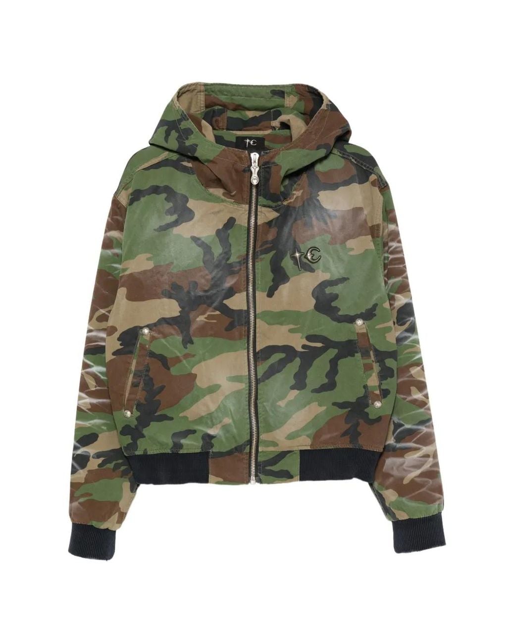THUG CLUB Green Camouflage-Print Skull-Print Hooded Jacket for men