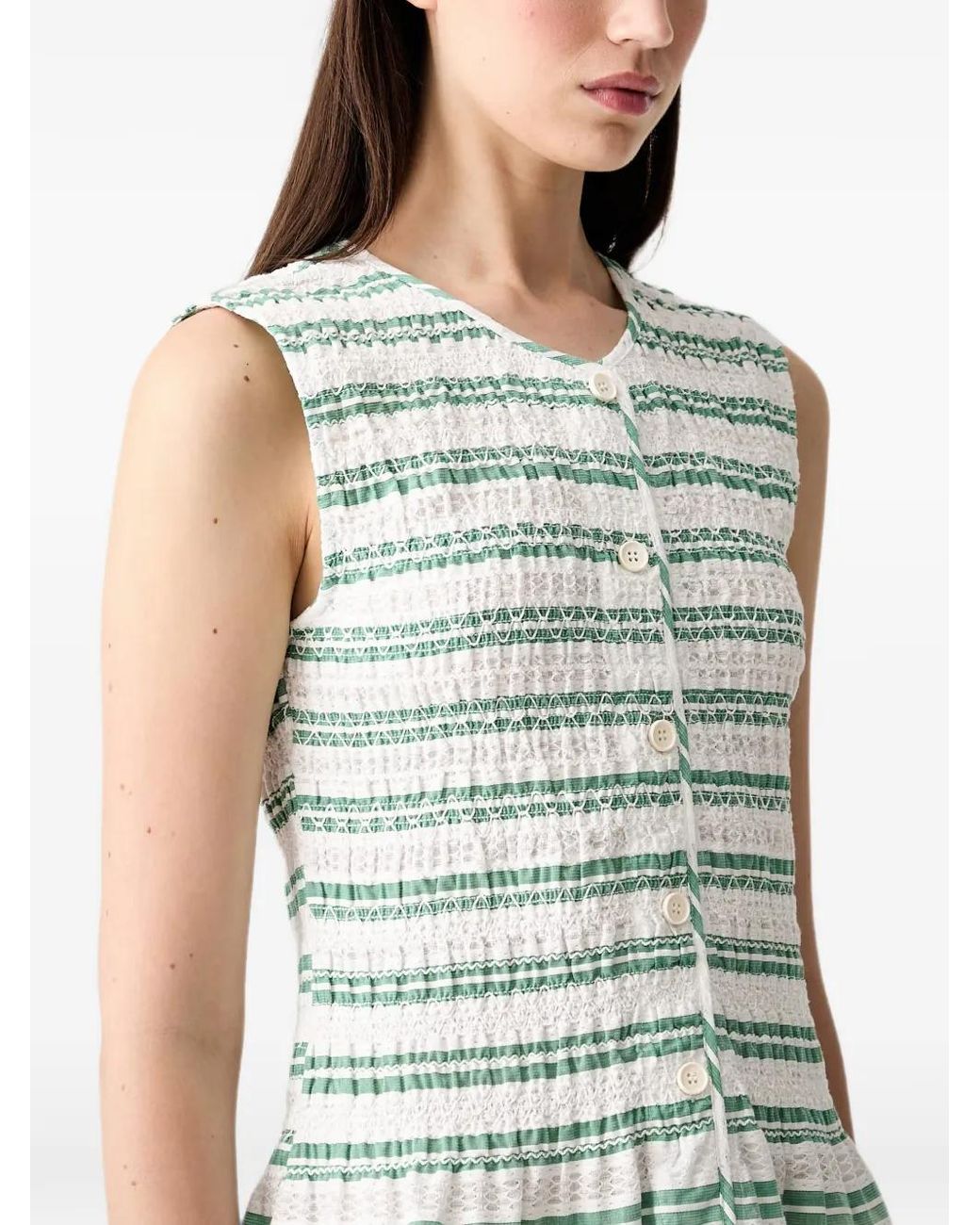 Stine Goya Green Smocked Striped Mini Dress