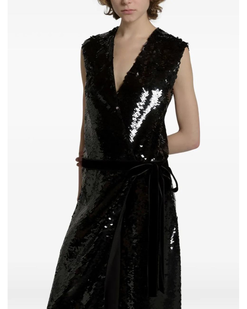 Alberta Ferretti Black Sequin-Embellished Belted Midi Dress