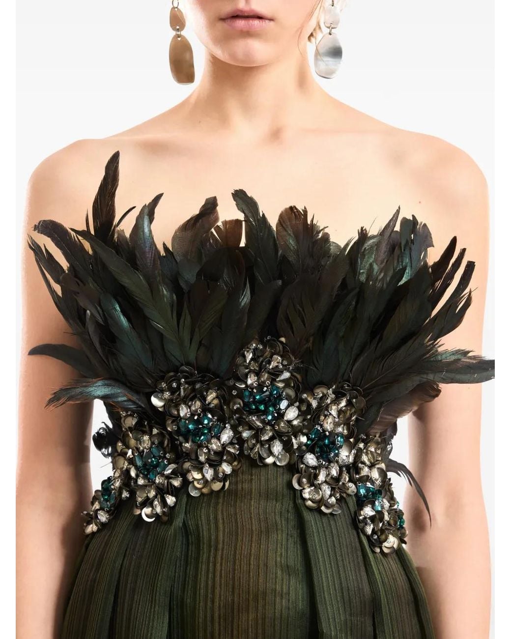 Gemy Maalouf Green Feathered Beaded Gown