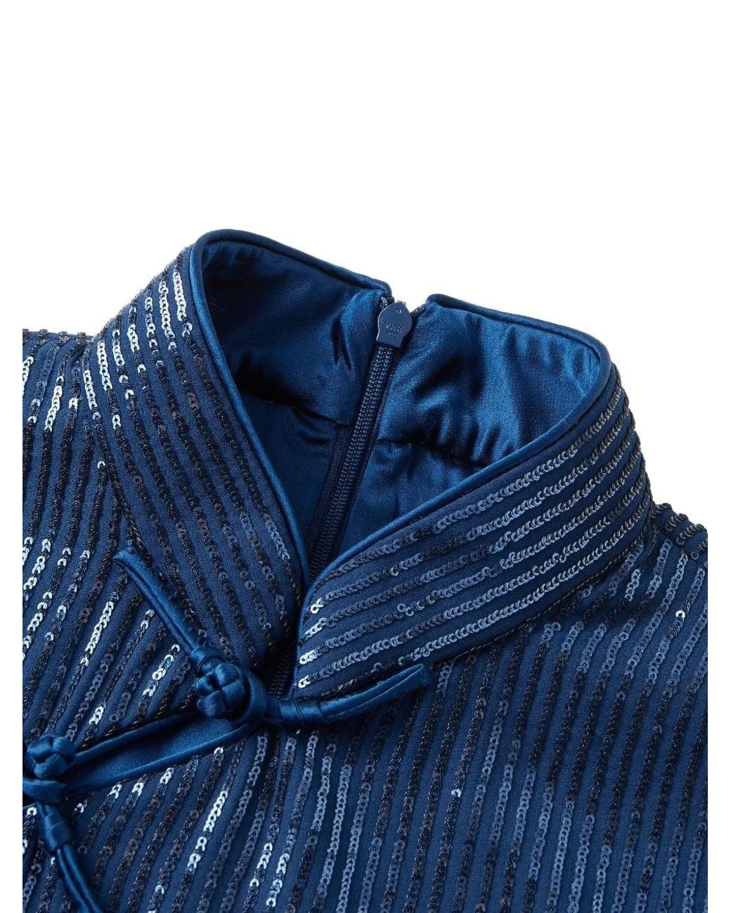 Shanghai Tang Blue Chiffon Qipao Sequin-Embellished Midi Dress
