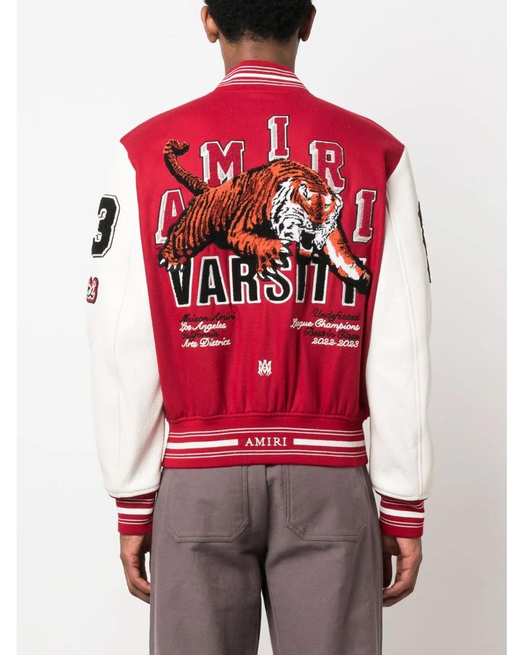 Amiri Red And White Varsity Bomber Jacket With Vintage Patches for men
